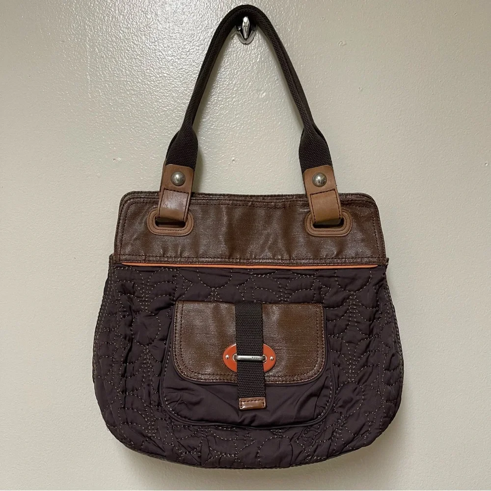Fossil KeyPer Quilted Brown Leather Trim Tote Shoulder Bag Purse Cottagecore SEE - Picture 2 of 16